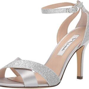 NINA Womens Glitter Ankle Strap Heel Sandals Silver 7 Medium (B,M)
